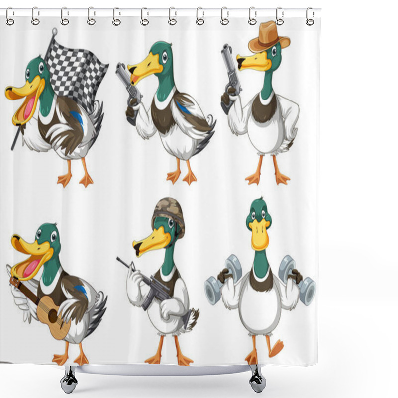 Personality  Set Of Duckling Doing Different Activities Illustration Shower Curtains