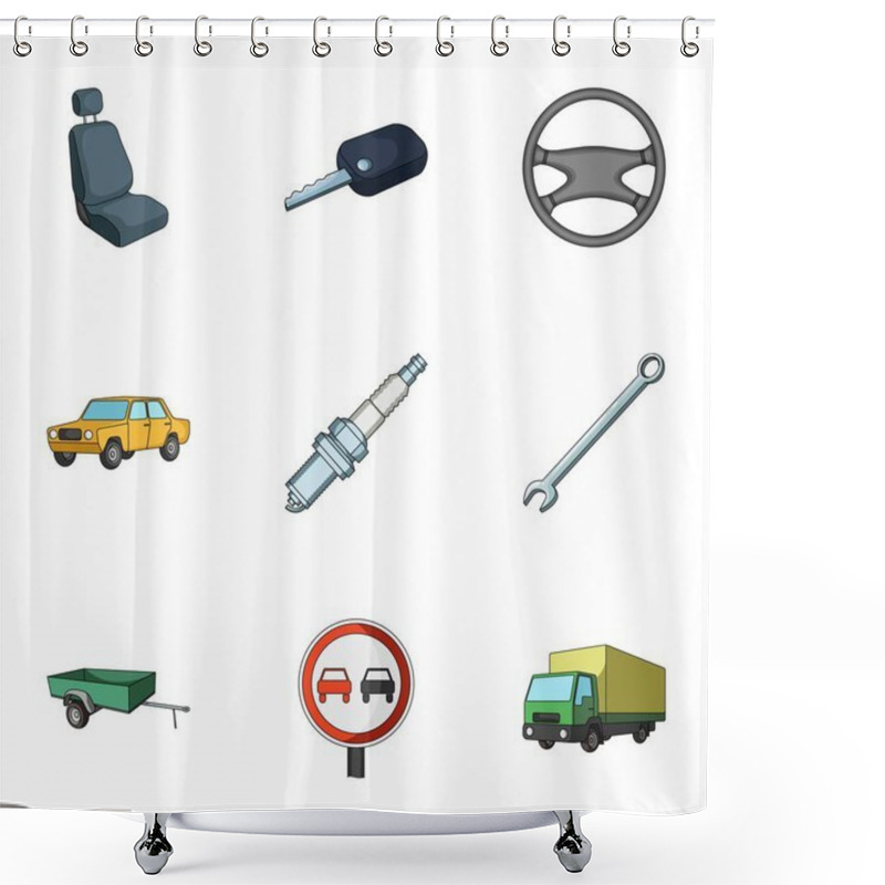 Personality  Wheel, Wrench, Jack And Other Equipment. Car Set Collection Icons In Cartoon Style Vector Symbol Stock Illustration Web. Shower Curtains