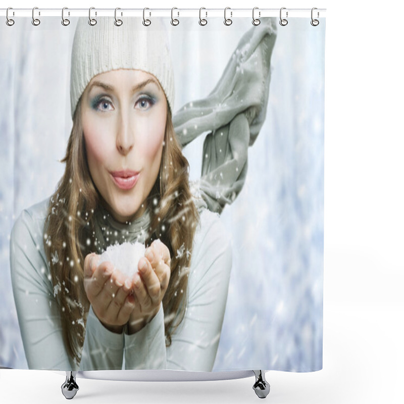 Personality  Christmas Girl. Winter Woman Blowing Snow Shower Curtains