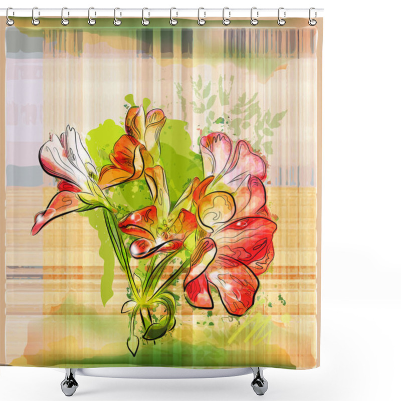 Personality  Hand Painted Red Geranium Flowers On The Checked Background Shower Curtains