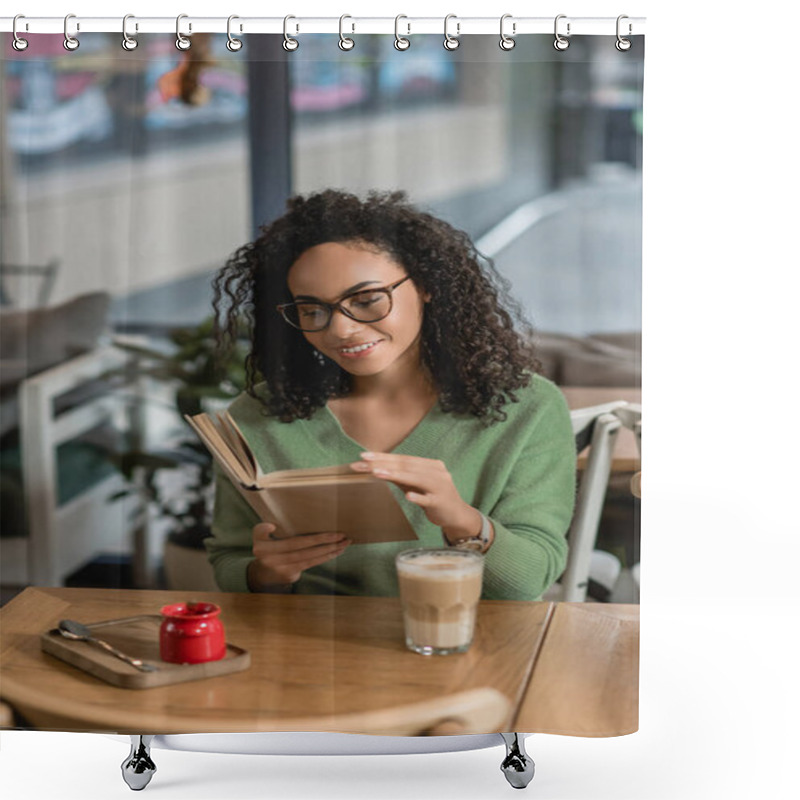 Personality  Happy African American Woman In Eyeglasses Reading Book Near Glass With Latte Shower Curtains