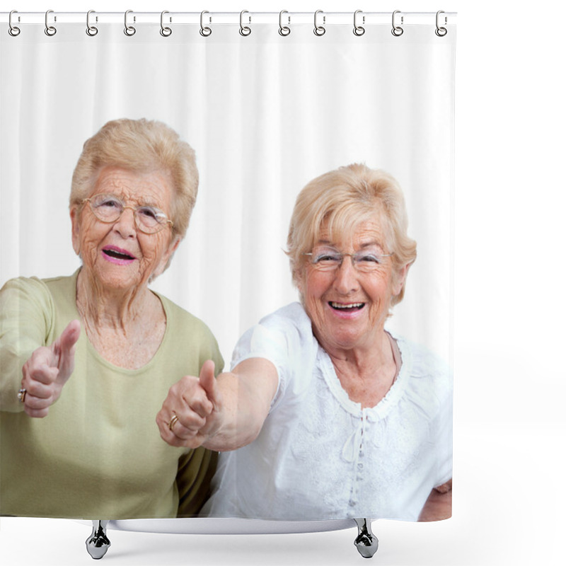 Personality  Two Elderly Woman Showing Thumbs Up. Shower Curtains