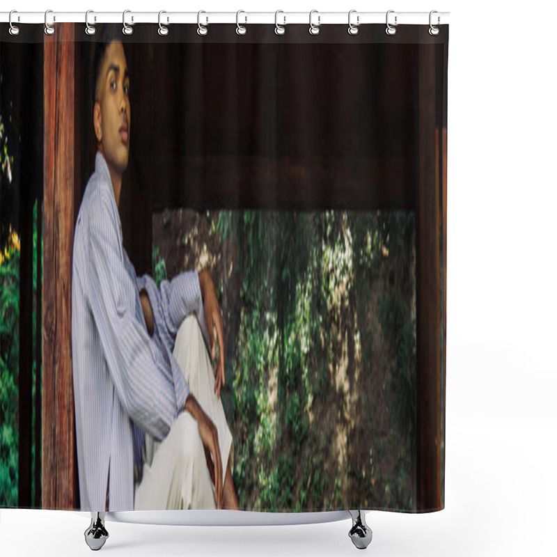 Personality  Stylish African American Man In Striped Shirt Sitting In Wooden Gazebo And Looking At Camera, Banner Shower Curtains