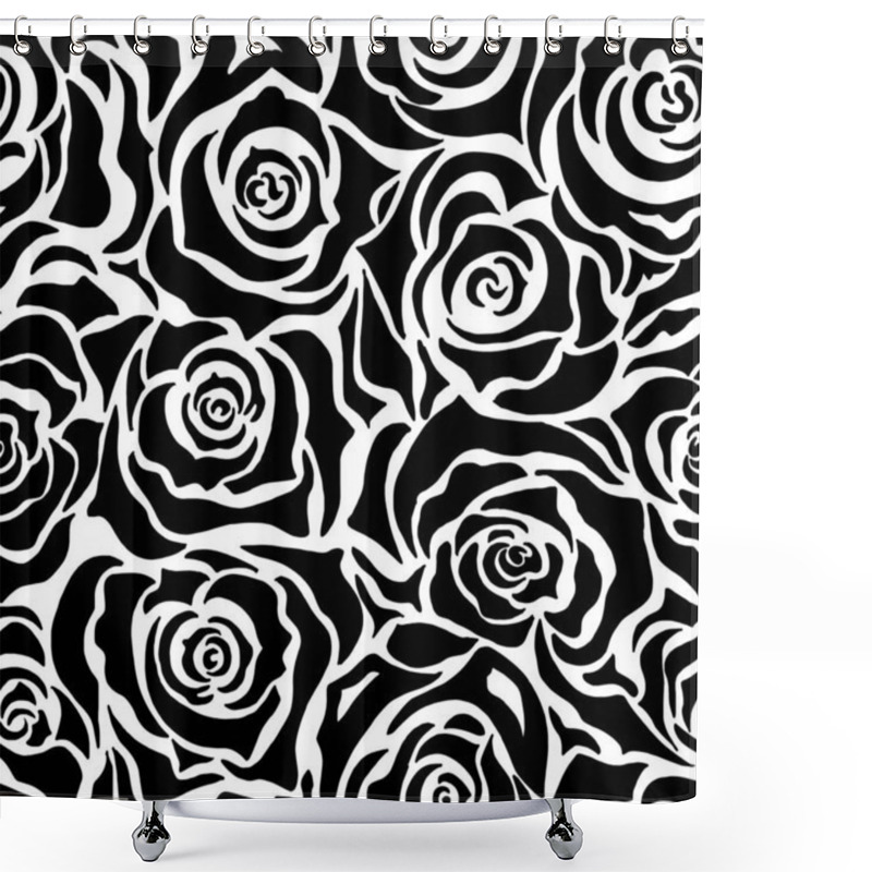 Personality  Seamless Patterns With Roses, Peonies, Abstraction, Geometric Patterns On A Black Background. Graphic Hand Ink Illustration. Design For Wallpaper, Packaging, Wrapper, Template, Cover. Shower Curtains