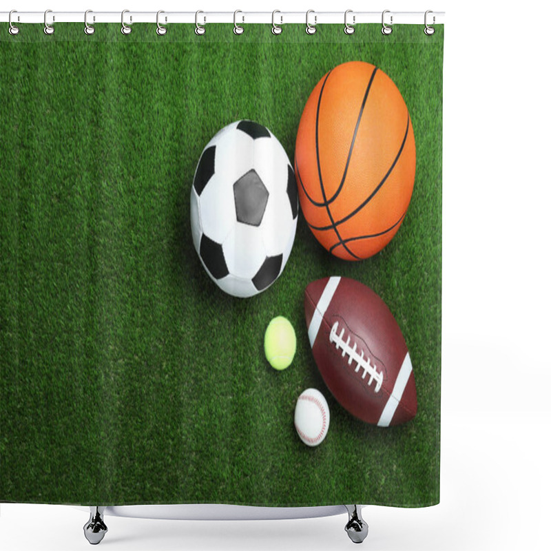 Personality  Set Of Different Sport Balls On Green Grass, Flat Lay. Space For Text Shower Curtains