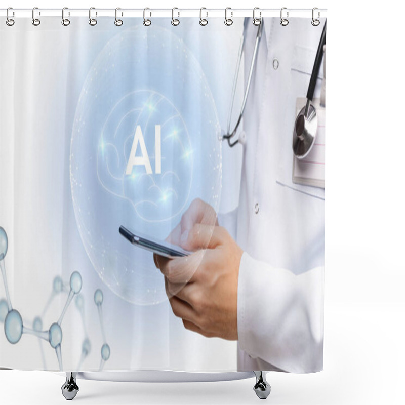 Personality  Doctor Using Mobile Phone With Brain Projection Above Shower Curtains