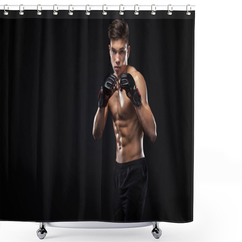 Personality  Sportsman Teenager Boxer Fighting On Black Background With Shadow. Copy Space. Boxing Sport Concept. Shower Curtains