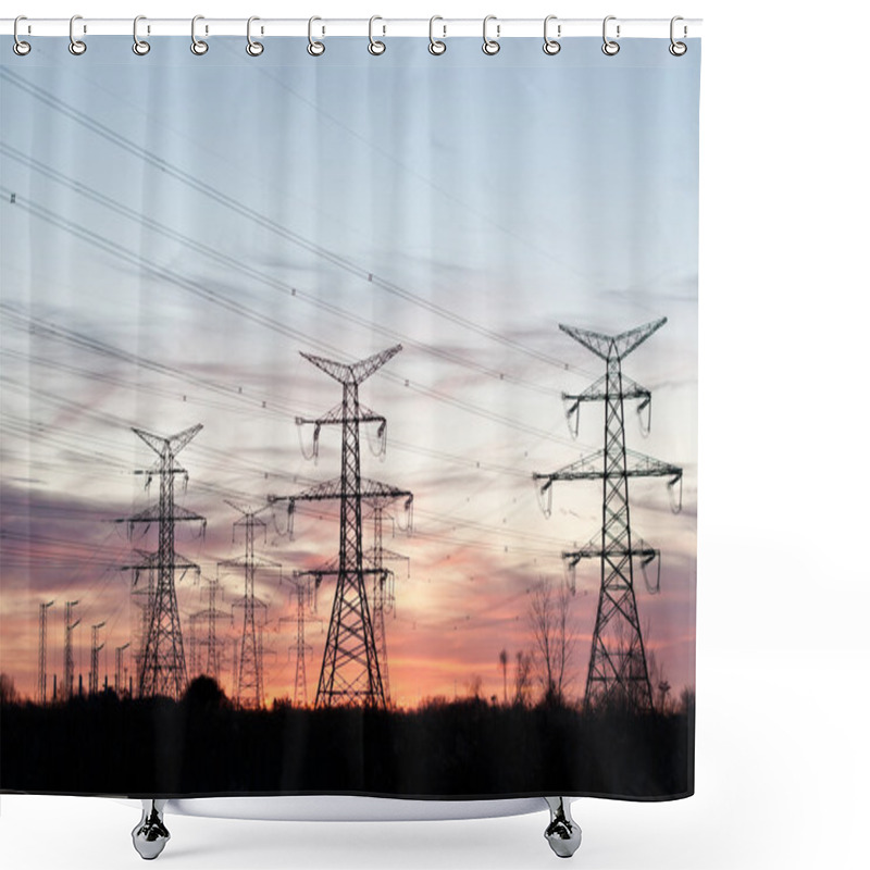 Personality  Electrical Transmission Towers (Electricity Pylons) At Sunset Shower Curtains