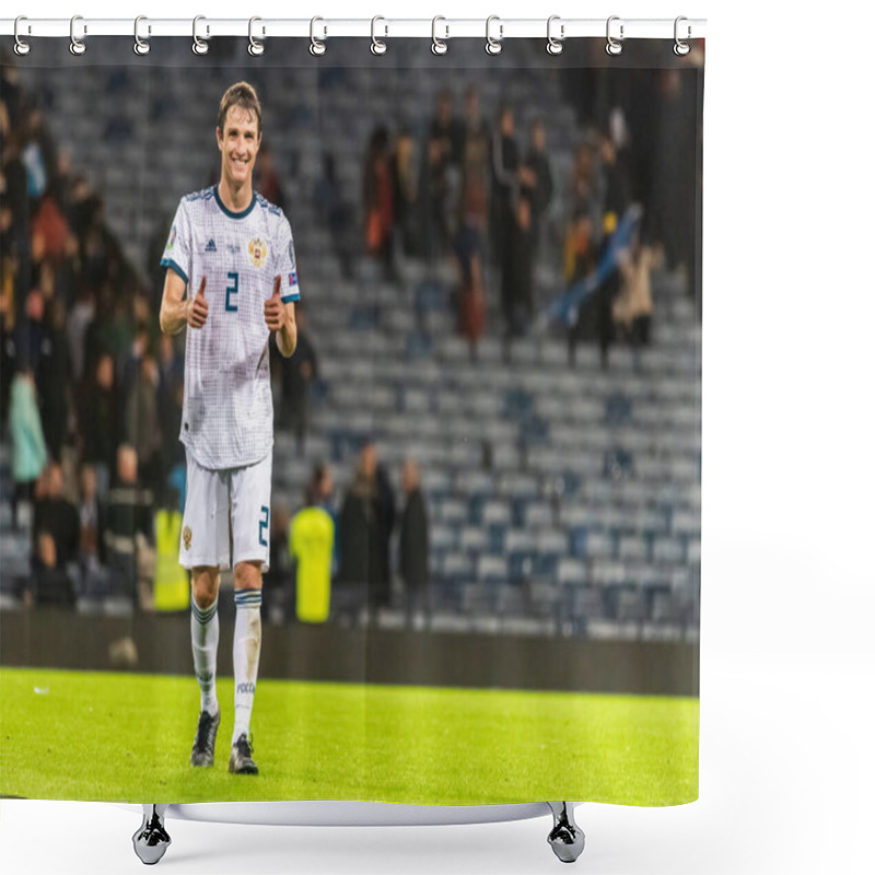 Personality  Glasgow, Scotland, United Kingdom - September 6, 2019. Russia National Football Team Defender Mario Fernandes Celebrating Victory After UEFA Euro 2020 Qualification Match Scotland Vs Russia In Glasgow. Shower Curtains