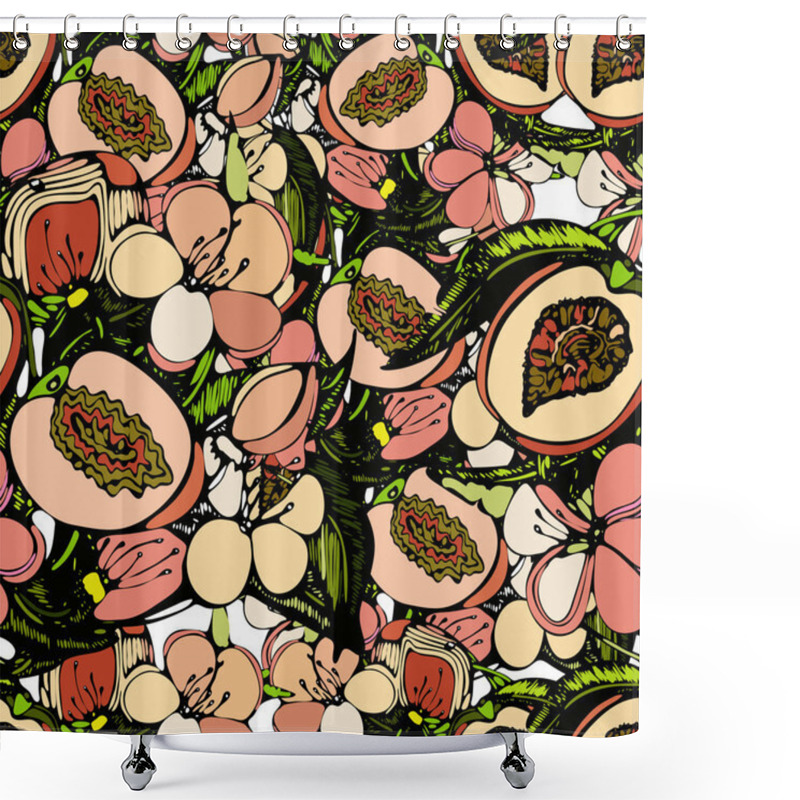 Personality  Seamless Pattern With An Image Of Branches, Flowers And Fruits  Of Peach Shower Curtains