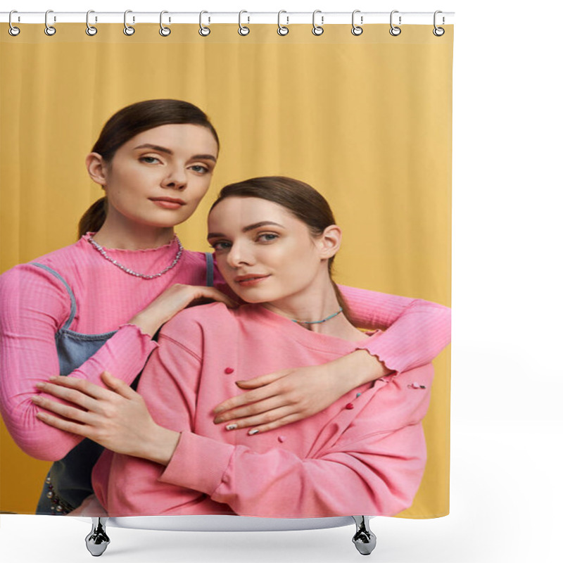 Personality  Twin Sisters Pose Elegantly In Stylish Outfits, Smiling Against A Vibrant Background. Shower Curtains