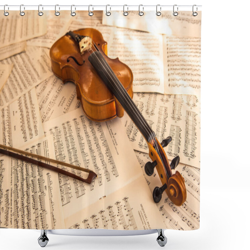 Personality  Old Violin Lying On The Sheet Of Music Shower Curtains