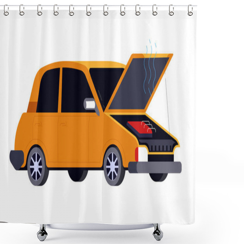 Personality  Car Crash, Broken Vehicle With Open Hood And Smoke, Road Accident Isolated Icon Vector. Wreckage Or Careless Driving, Mechanical System Breakdown. Engine Failure Or Motor Overheat, Transport Collision Shower Curtains