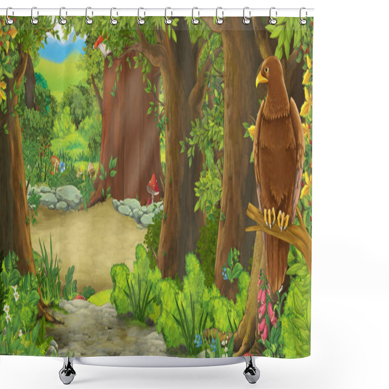 Personality  Funny Cartoon Scene With Eagle Bird In The Forest With Hidden Entrance Illustration For Children Shower Curtains