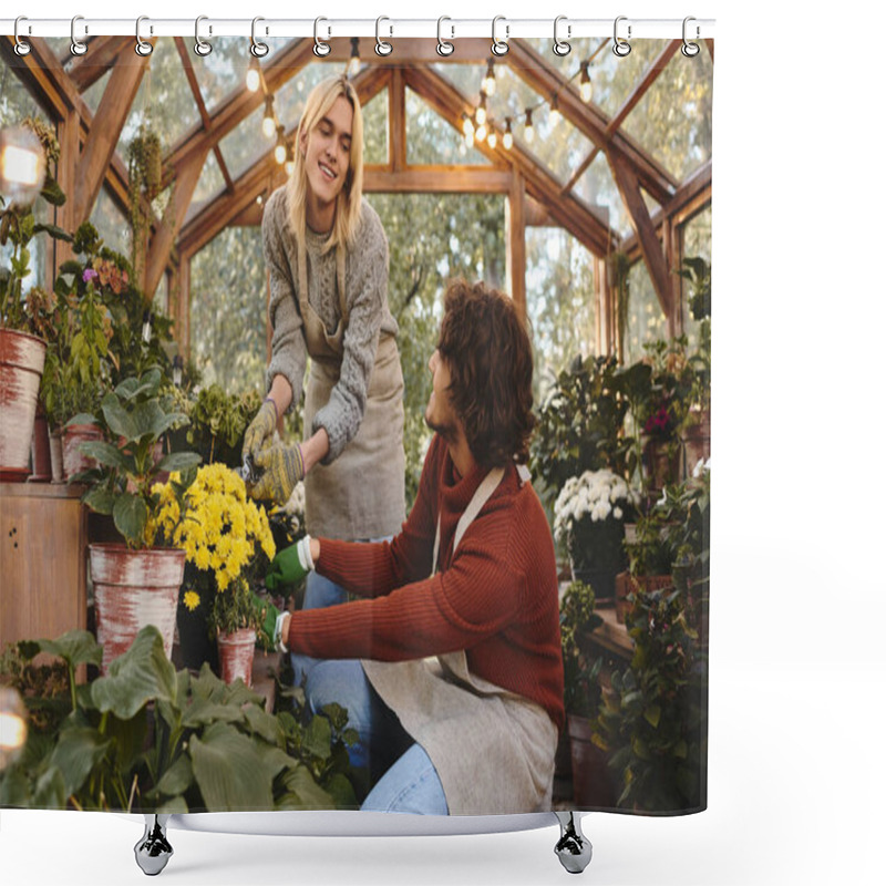 Personality  In A Bright Greenhouse Filled With Lush Plants, Two Young Friends Work Together, Nurturing Flowers And Enjoying The Serene Atmosphere. Shower Curtains