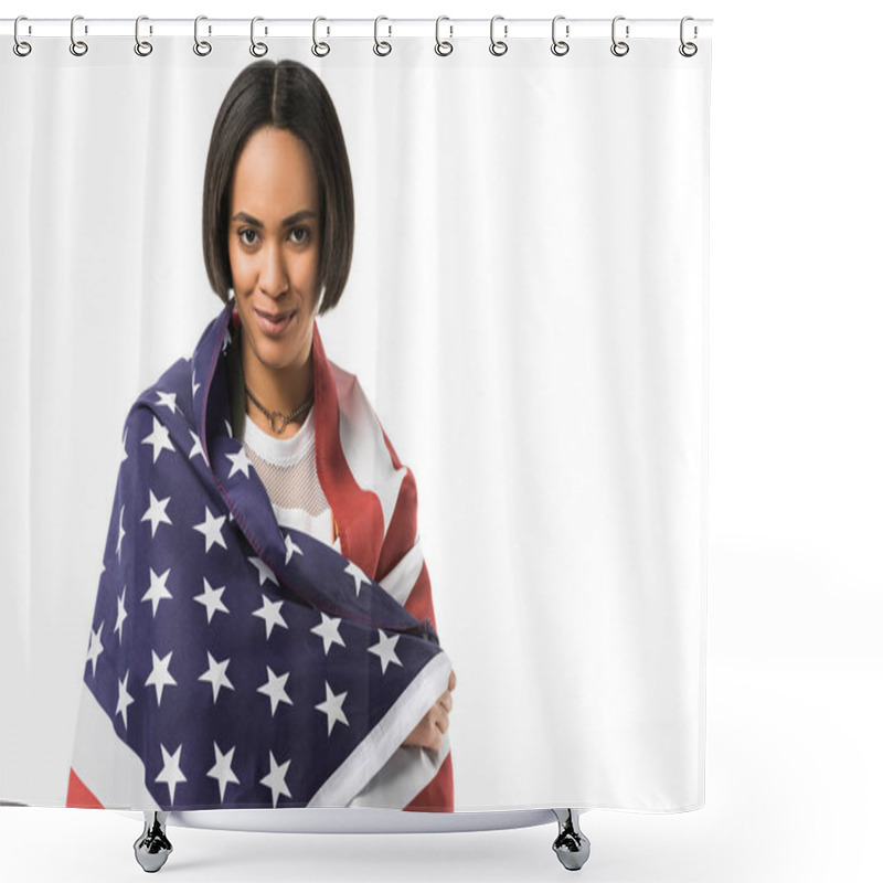 Personality  Beautiful African American Girl Wrapped In Usa Flag,  Isolated On White Shower Curtains