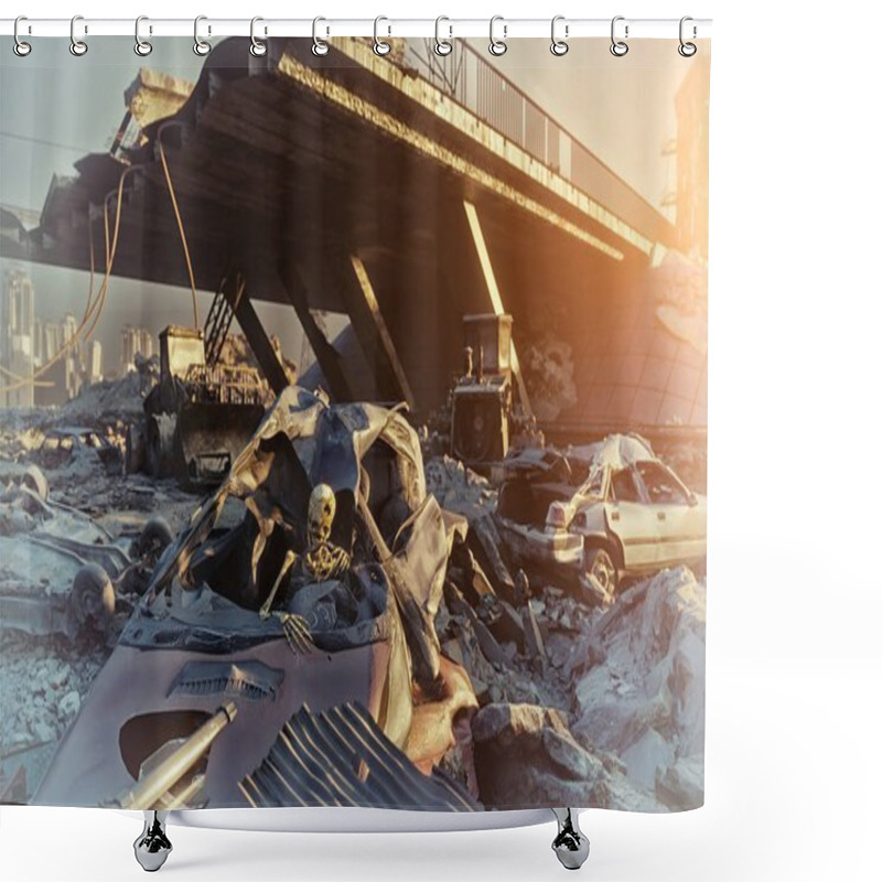 Personality  Skeleton In Car, Ruins Of City Highway. Apocalyptic Cityscape, 3d Illustration Concept Shower Curtains