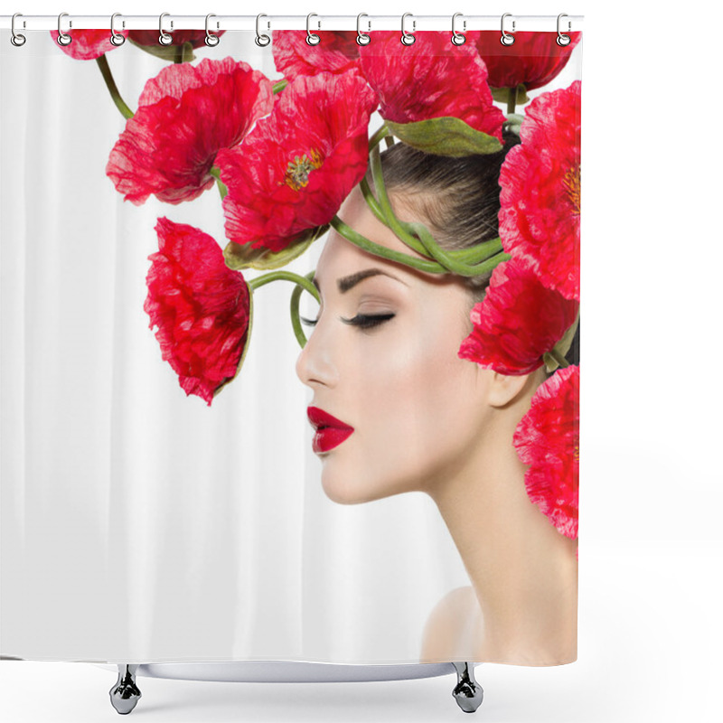 Personality  Beauty Fashion Model Woman With Red Poppy Flowers In Her Hair Shower Curtains