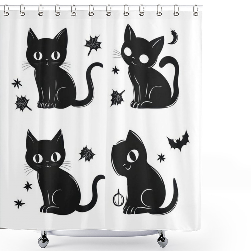 Personality  Four Playful Black Kittens With Expressive Eyes And Whimsical Decorations, Perfect For Halloween-themed Designs. Shower Curtains