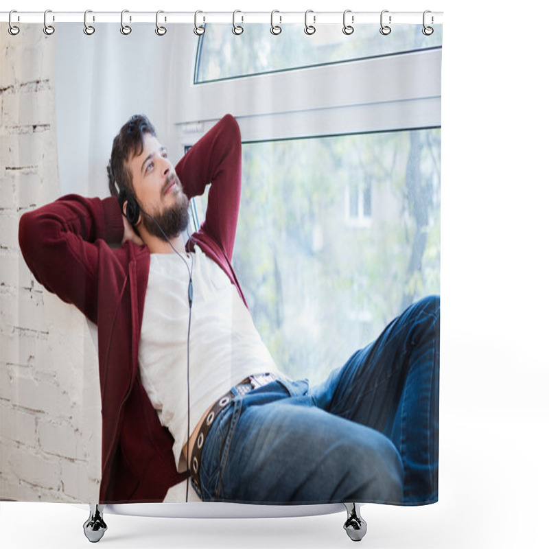 Personality  Young Man Lying And Relaxing On Sill Of Round Window Shower Curtains