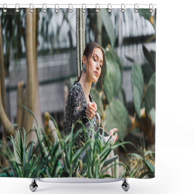 Personality  Attractive Pensive Young Woman Watering Green Plants In Orangery Shower Curtains