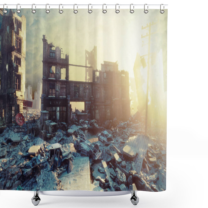 Personality  Apocalyptic City Sunset. Creative 3D Illustration Shower Curtains