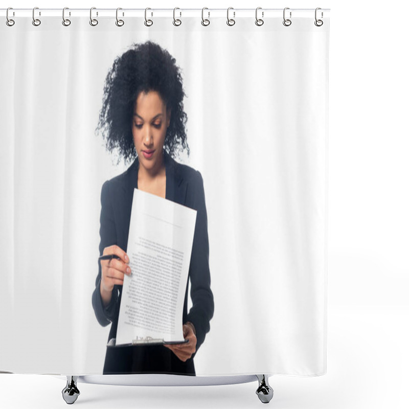 Personality  Front View Of Concentrated African American Businesswoman Reading Contract Isolated On White Shower Curtains