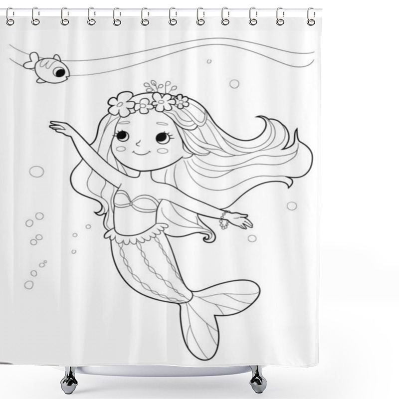 Personality  Cute Mermaid Girl With Curled Hair And Sea Horse Outline Illustration For Coloring Book. Vector Outline Shower Curtains