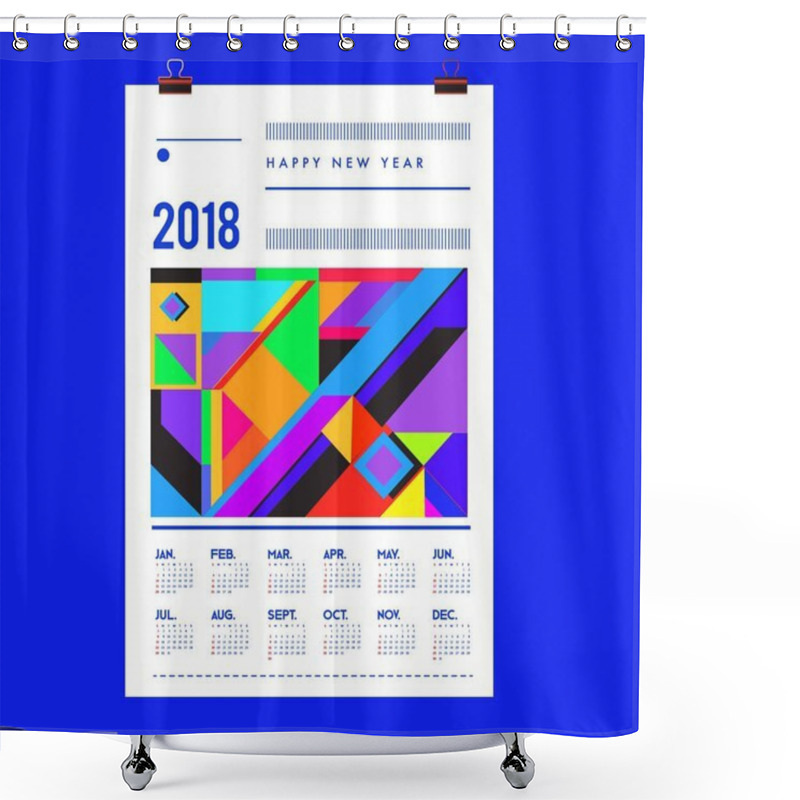 Personality  New Year 2018 Calendar Cover Template. Calendar And Poster Design With Colorful Memphis Style Background. Shower Curtains