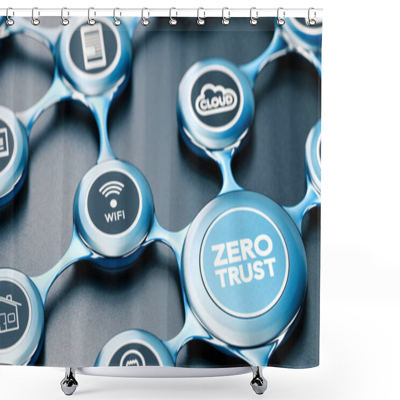 Personality  3D Illustration Of A Blue Network With Icons And The Text Zero Trust Written On The Front. Black Background. Concept Of Secured Network. Shower Curtains