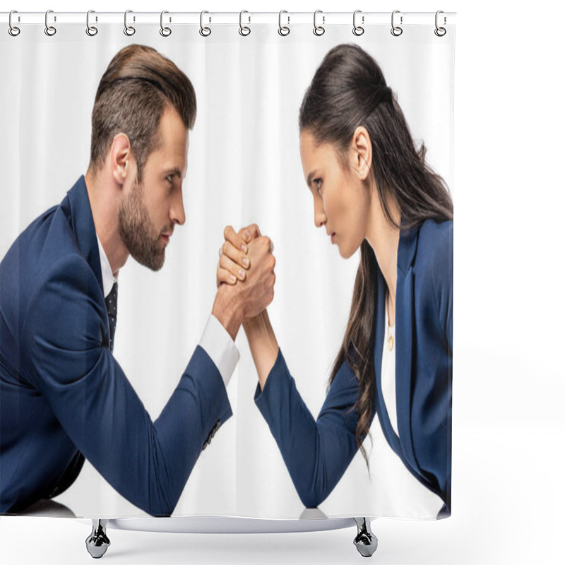 Personality  Businessman And Businesswoman In Formal Wear Arm Wrestling Isolated On White Shower Curtains