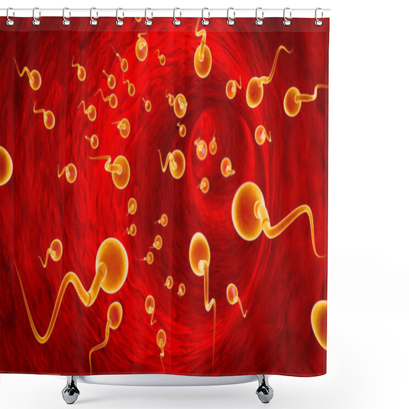 Personality  Fight For Survival. Competing Spermatozoa. Movement Of Spermatozoa Through The Fallopian Tubes. Sperm, Fertilization. 3D Illustration. Shower Curtains