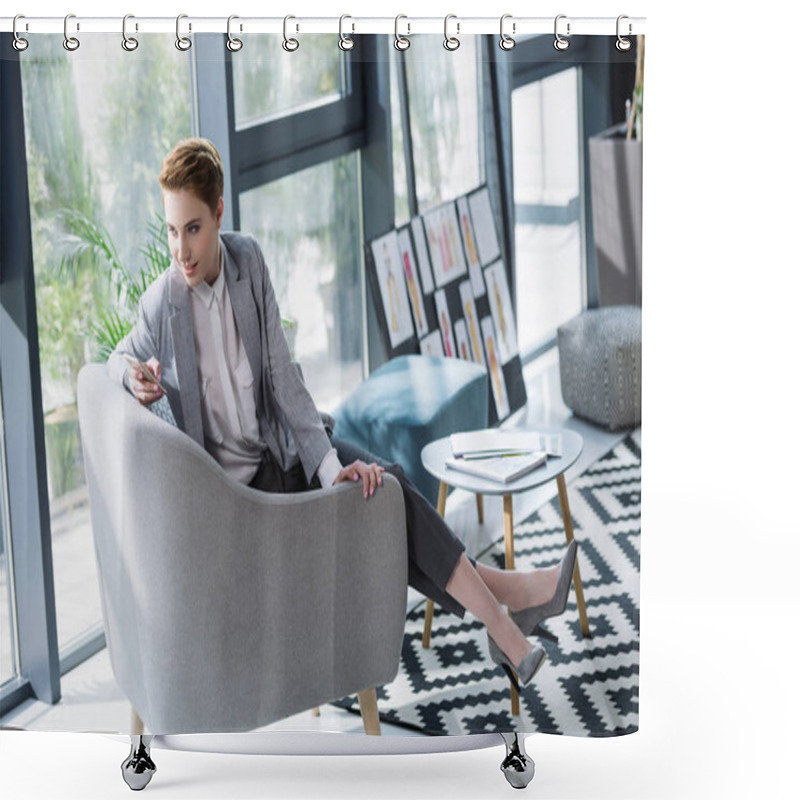 Personality  Attractive Young Fashion Designer Using Smartphone In Armchair At Office Shower Curtains