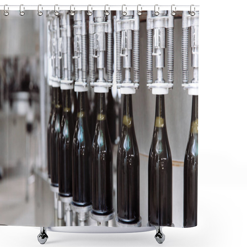 Personality  Glass Bottles On The Automatic Conveyor Line At The Champagne Or Wine Factory. Plant For Bottling Alcoholic Beverages. Shower Curtains