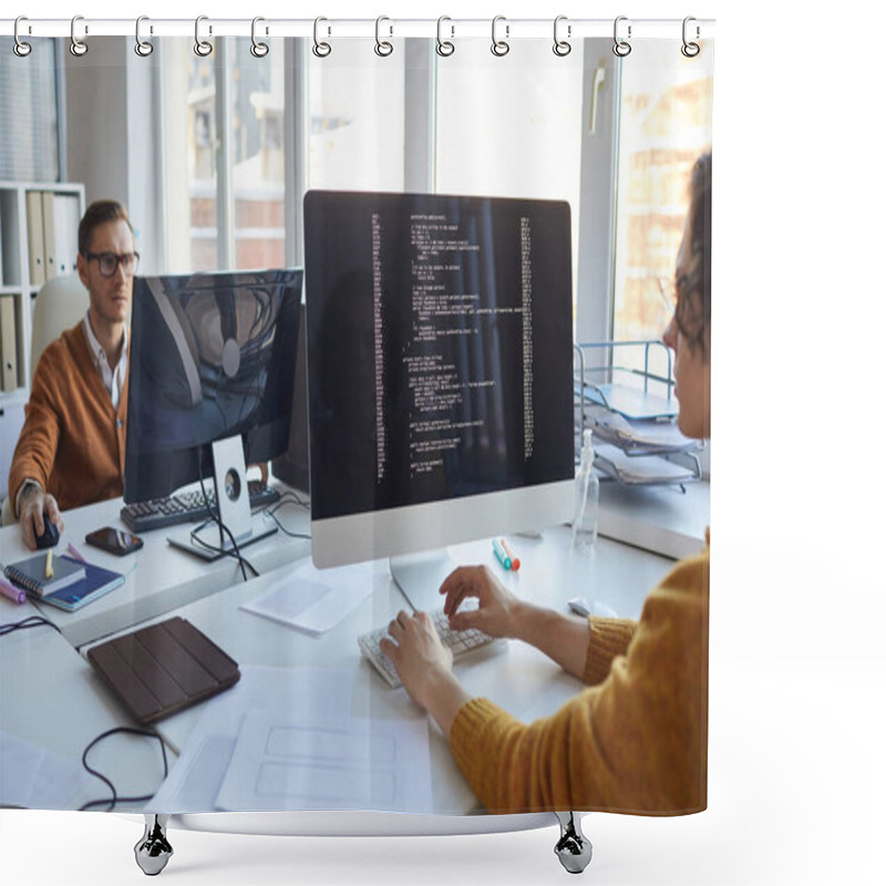 Personality  Close Up Of IT Developer Writing Code On Computer Screen While Collaborating On Project With Team Of Software Designers, Copy Space Shower Curtains