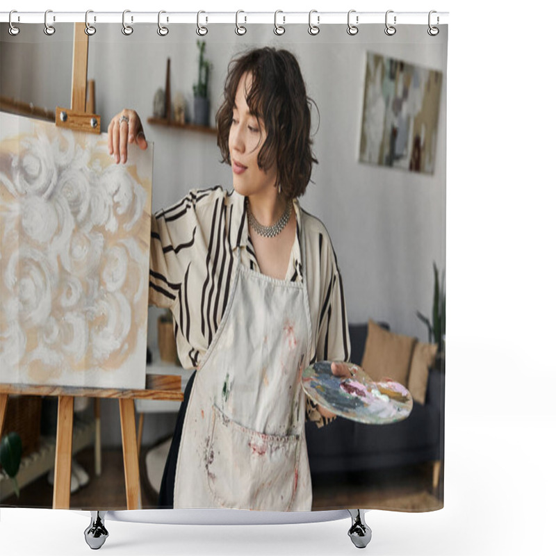 Personality  Young Woman With Curly Hair Joyfully Painting On An Easel In Her Bright Apartment. Shower Curtains