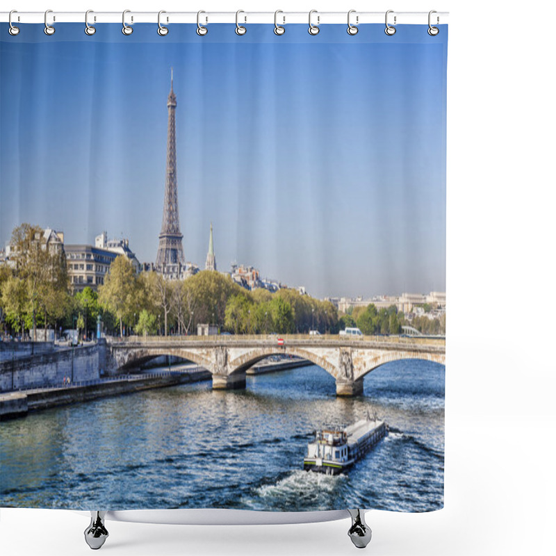 Personality  Eiffel Tower With Boat On Seine In Paris, France Shower Curtains