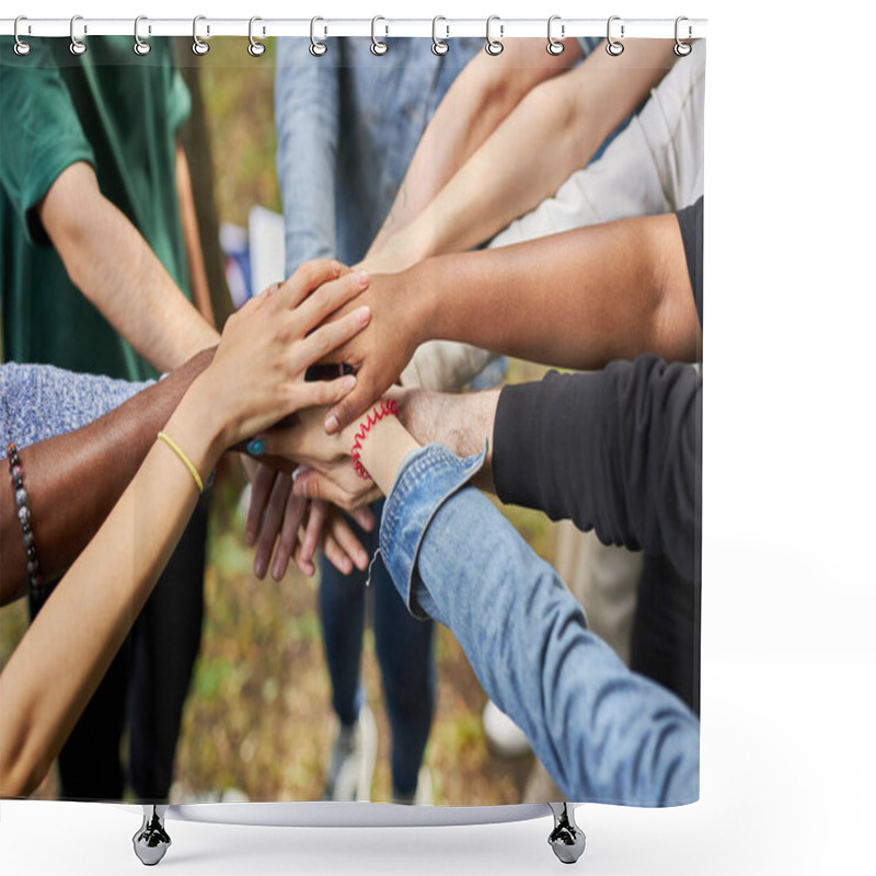 Personality  Close-up Photo Of Diverse Peoples Hands Gathered Together Shower Curtains