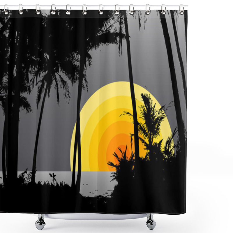 Personality  Palm Trees On The Beach With The Sun. Vector Shower Curtains