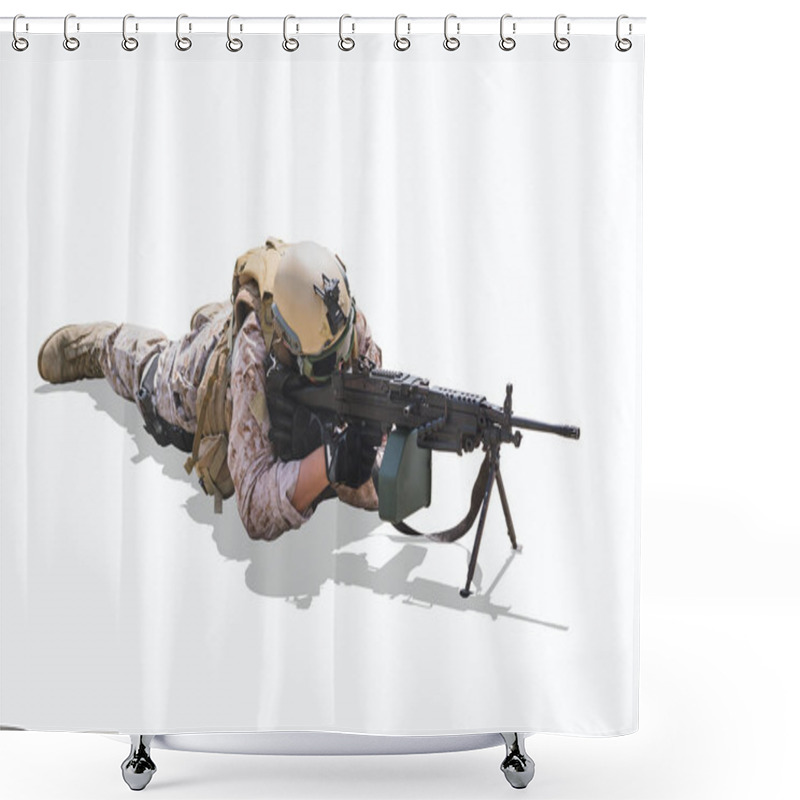 Personality  Military Army Soldier Lies Prone On A Firing Machine Gun M249 Isolated On White Shower Curtains