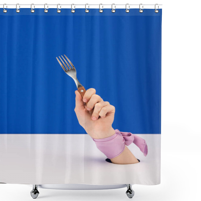 Personality  Cropped View Of Woman With Ribbon On Hand Holding Fork Isolated On Blue Shower Curtains