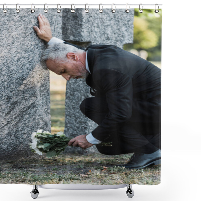 Personality  Sad Man With Grey Hair Putting Flowers On Graveyard  Shower Curtains