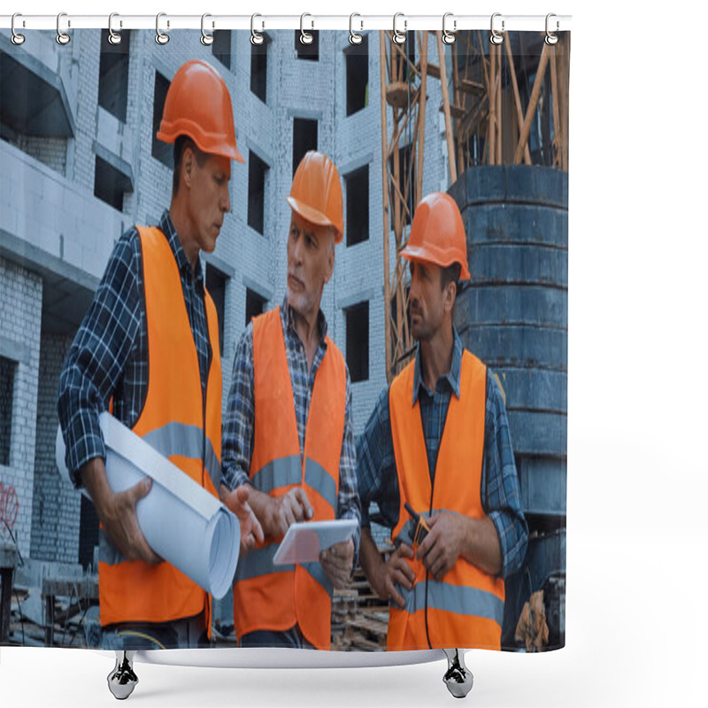 Personality  Builders With Equipment Talking Near Building Crane On Construction Site Shower Curtains