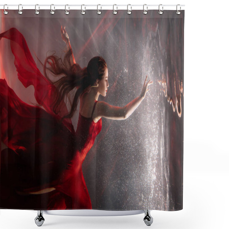 Personality  Fantasy Mystery Woman Swims Underwater Touches Magic Light Mirror, Looks Into Reflection. Fairy Tale Beauty Girl Princess Sleeping Soars Floating In Dream Dark Water. Art Ballerina Dancing Red Dress. Shower Curtains