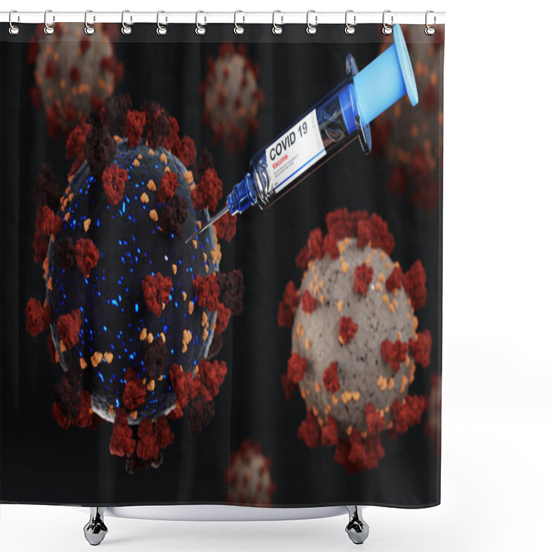 Personality  Covid 19 Vaccine Injecton With Syringe For Immunization And Prevention Of Corona Virus Infection, Mutation New Virus Strain, NCoV 2019 Pandemic, Healthcare 3D Illustration Shower Curtains