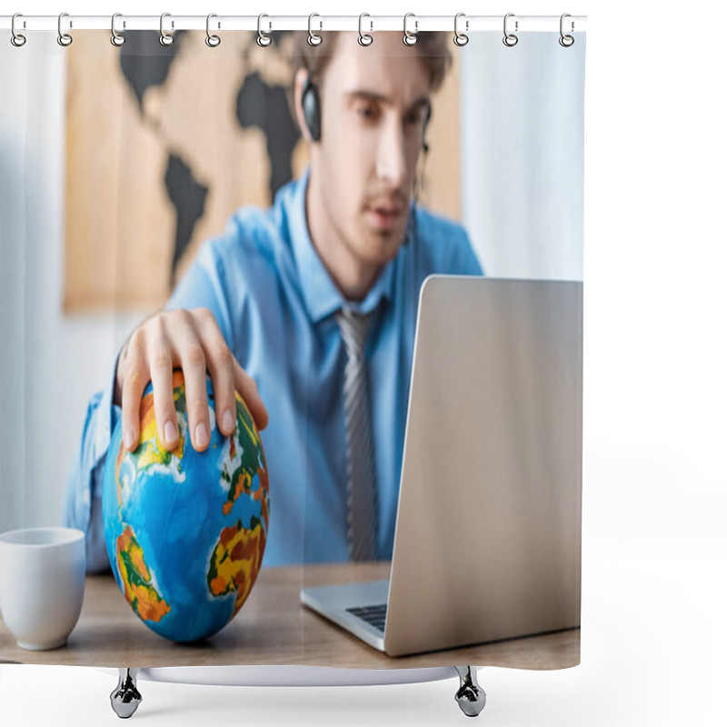 Personality  Selective Focus Of Travel Agent Touching Globe While Working Near Laptop Shower Curtains