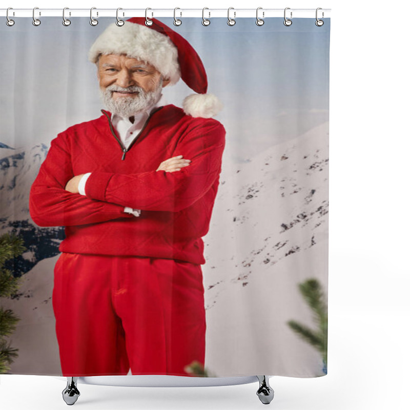 Personality  Cheerful White Bearded Man Dressed In Santa Costume Crossing Hands Smiling At Camera, Winter Concept Shower Curtains