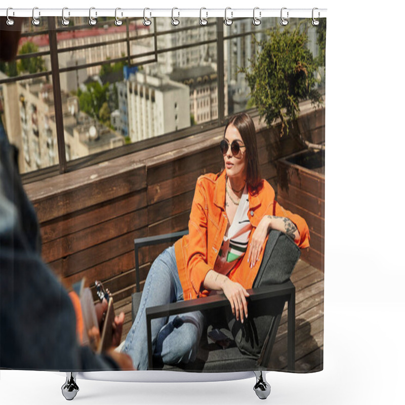 Personality  A Woman In An Orange Jacket Sits Gracefully On A Chair, Exuding Elegance And Peace In Her Posture And Surroundings Shower Curtains