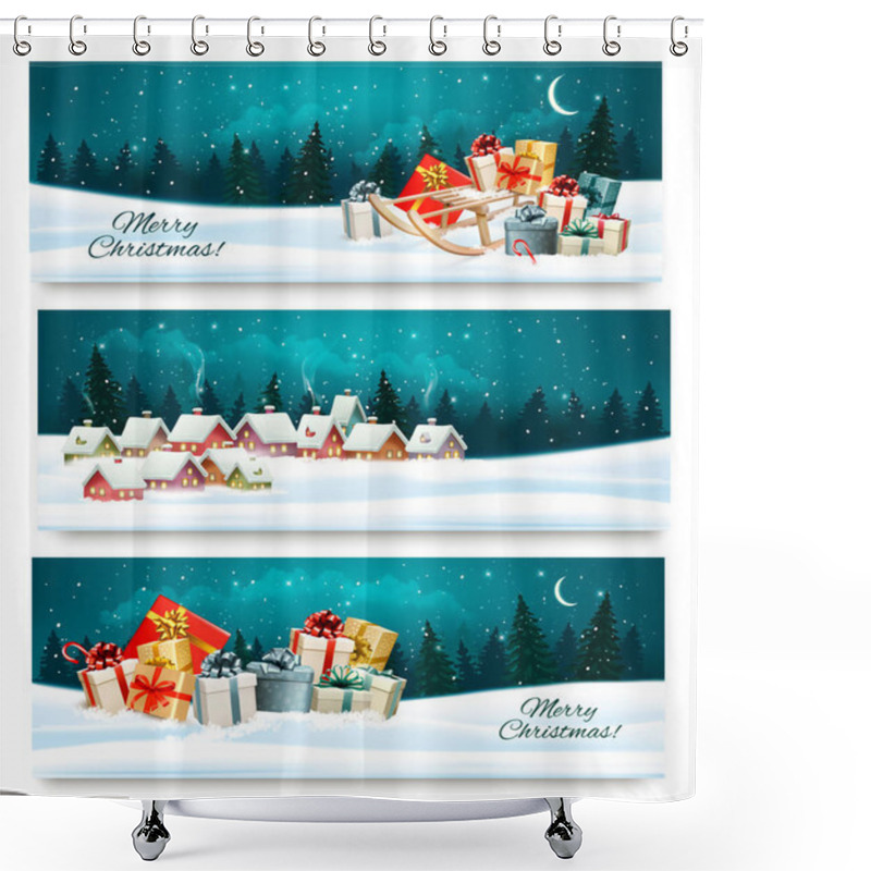 Personality  Three Christmas Festive Banners With Landscapes And Gift Boxes.  Shower Curtains