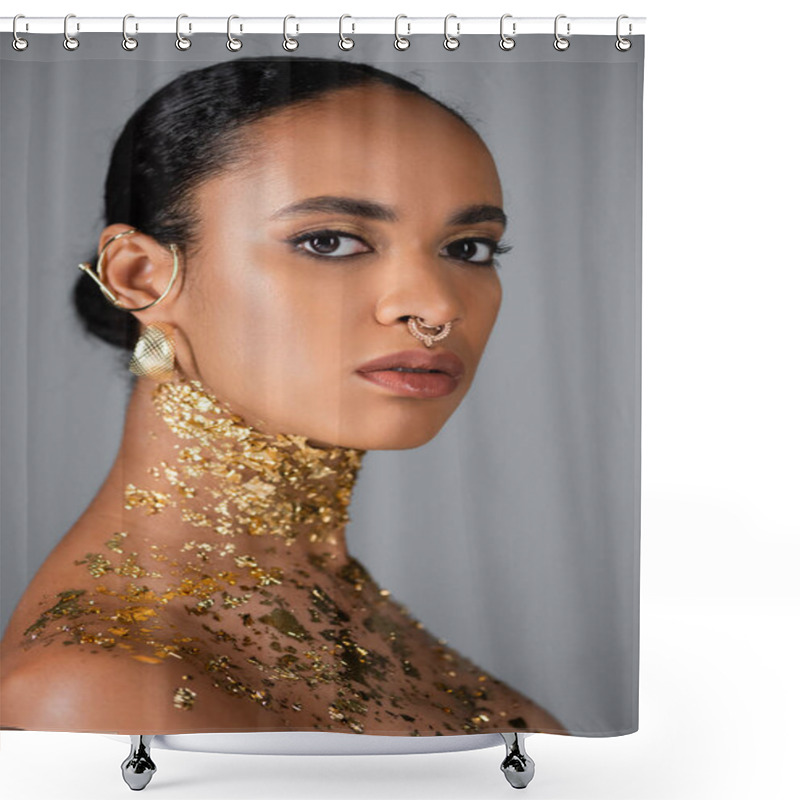 Personality  Portrait Of African American Woman With Golden Foil On Chest Looking At Camera Isolated On Grey  Shower Curtains